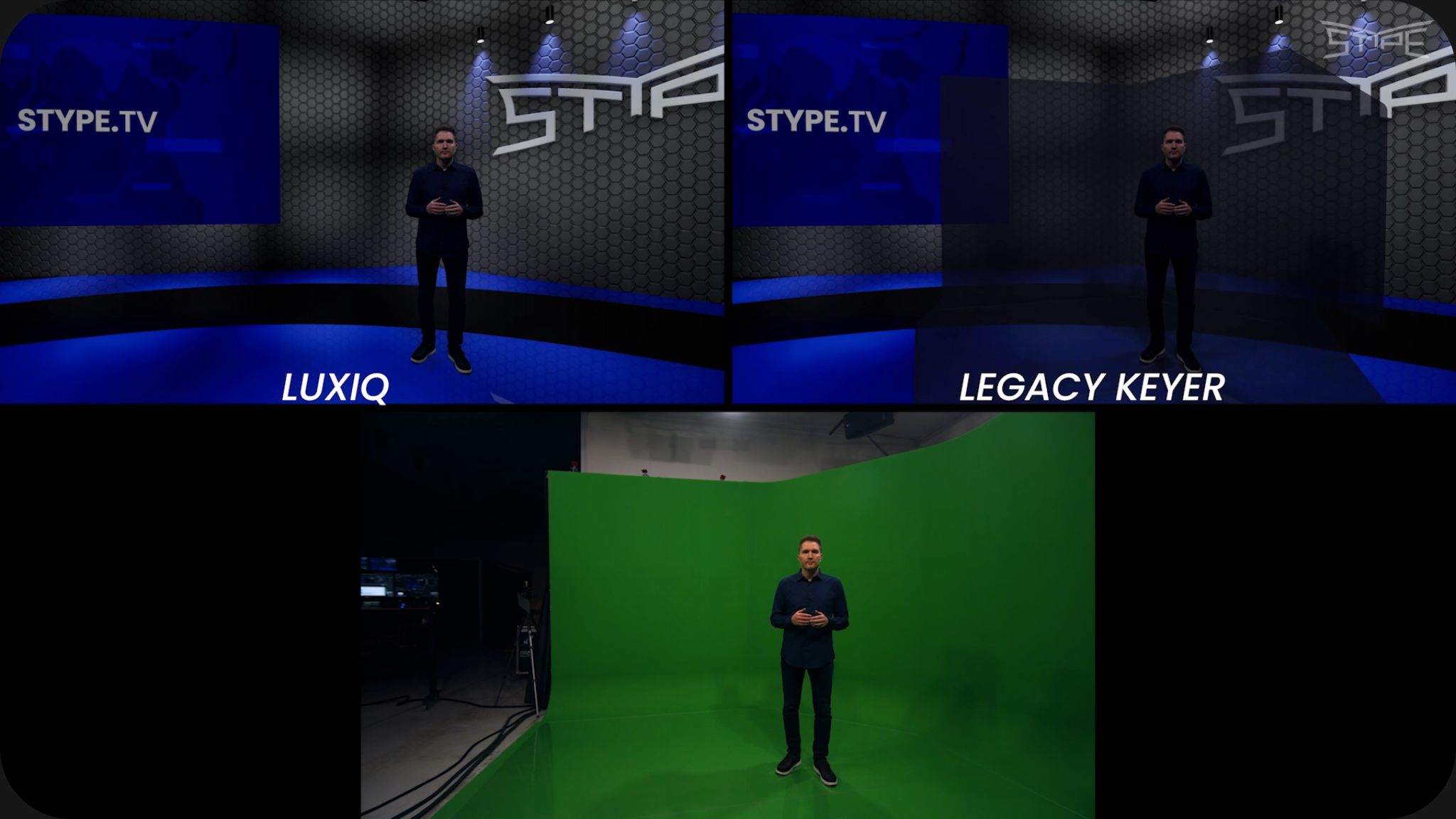 A broadcast studio professional demonstrating the stYpe LuxIQ reference region setup on a green screen cyclorama.