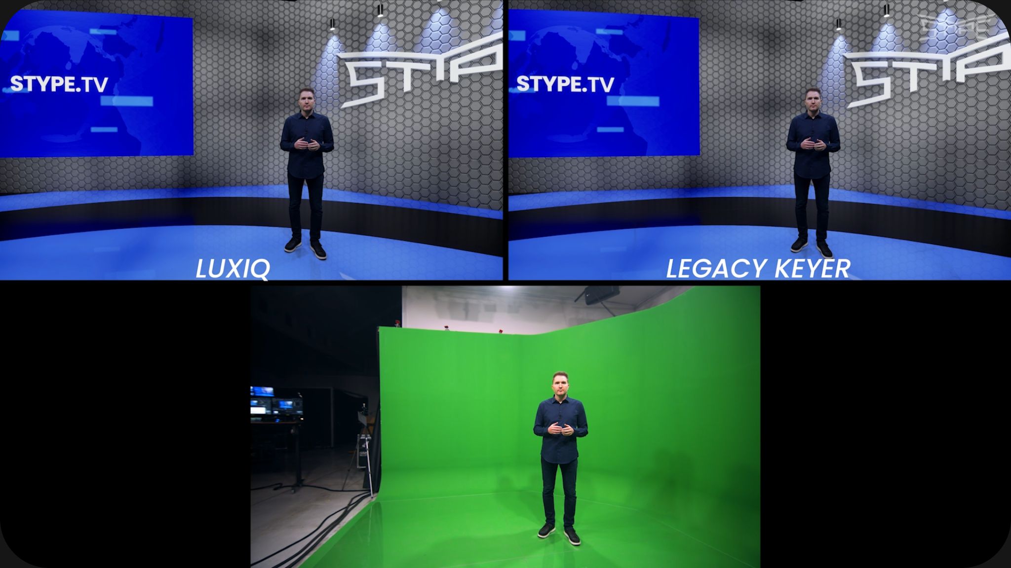 Split-screen comparison showing the superior performance of stYpe LuxIQ adaptive chroma keyer versus a noisy legacy keyer under low-light conditions.